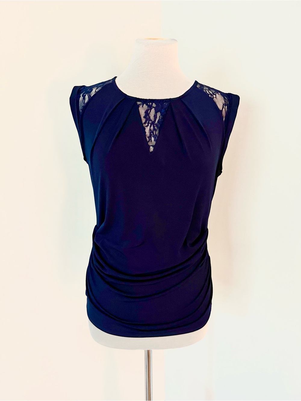 NY & Co Stretch Navy Lace-Detail Sleeveless Blouse, M